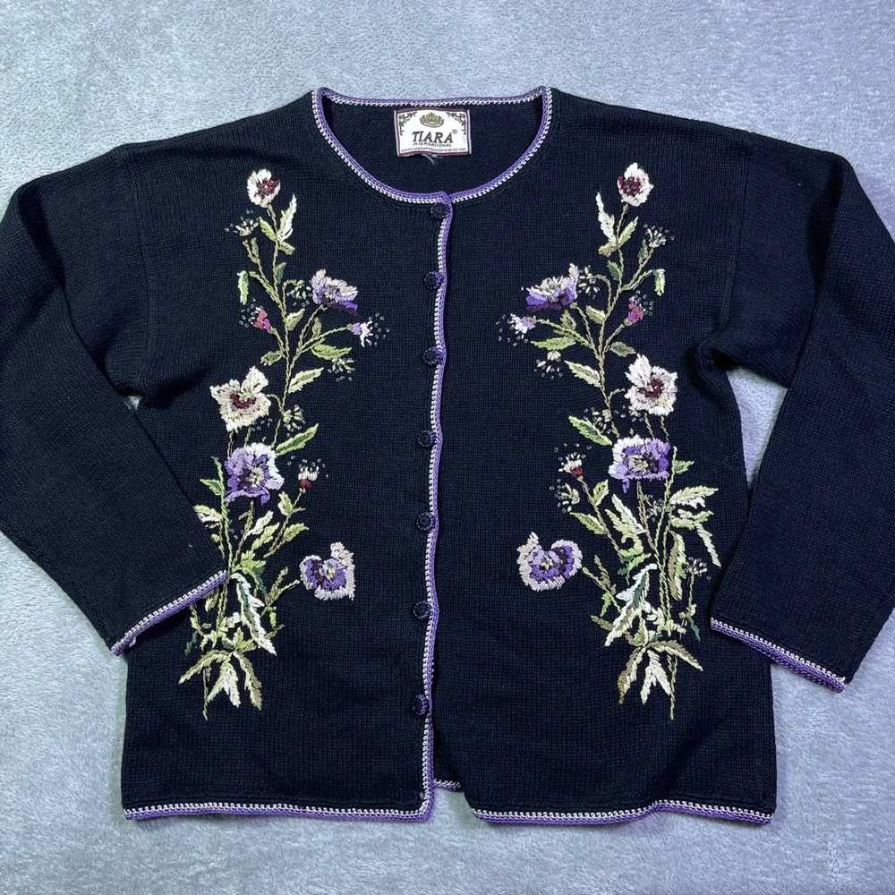 Tiara International Floral Embroidered Knit Artsy‎ Cardigan Sweater Purple Trim